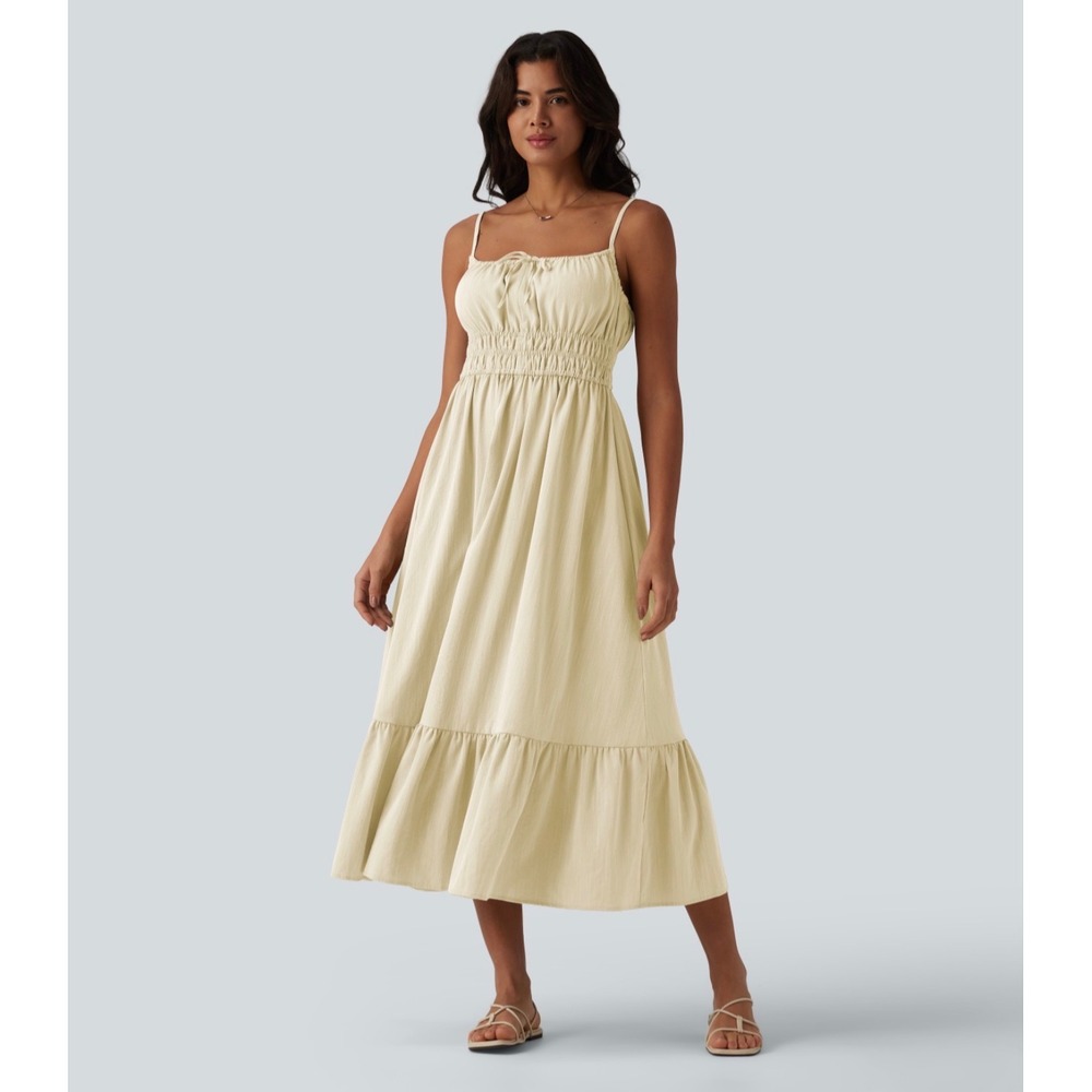 Halara Tie Front Flowy Midi Casual Linen-Feel Slip Milkmaid Dress Yellow Large